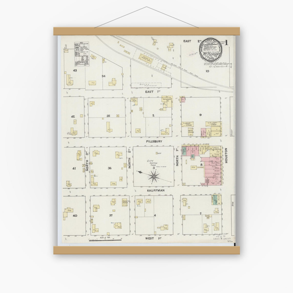 Old map wall art mockup — magnetic wood frame on white wall — Sanborn Fire Insurance Map from Mount Pleasant, Titus County, Texas (1891) - Complete Map Set