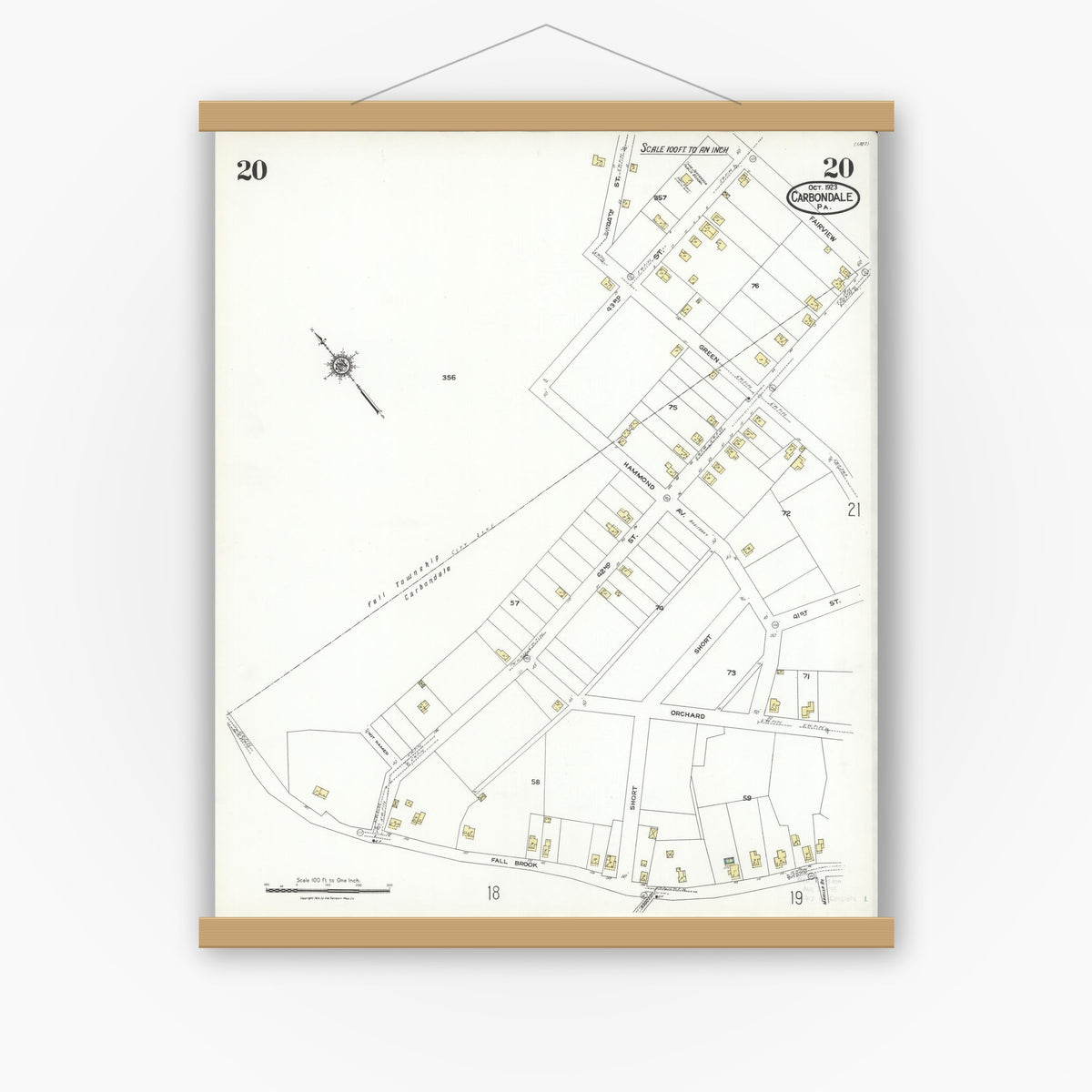 Old map wall art mockup — magnetic wood frame on white wall — Sanborn Fire Insurance Map from Carbondale, Lackawanna County, Pennsylvania (1923), Sheet #0020