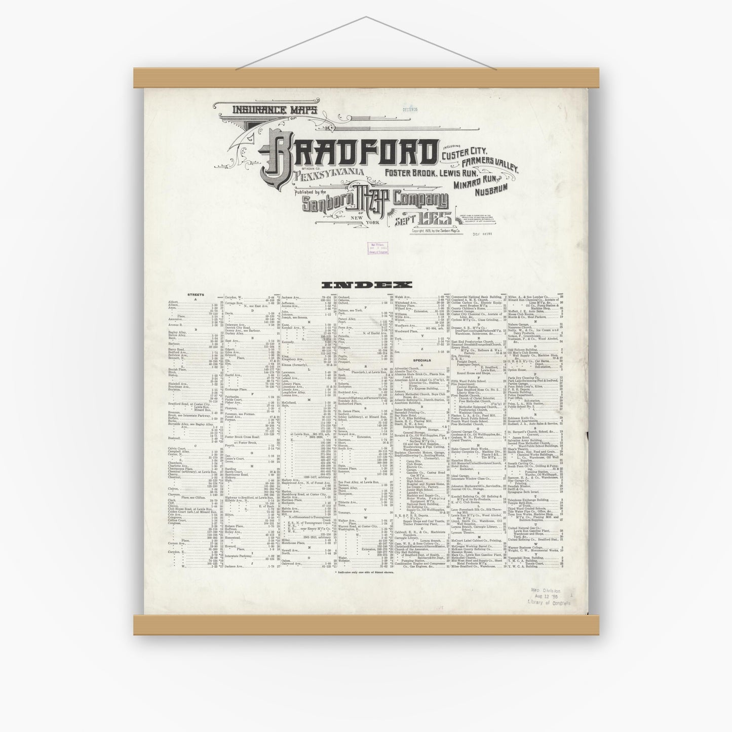 Old map wall art mockup — magnetic wood frame on white wall — Sanborn Fire Insurance Map from Bradford, McKean County, Pennsylvania (1925), Sheet #0001
