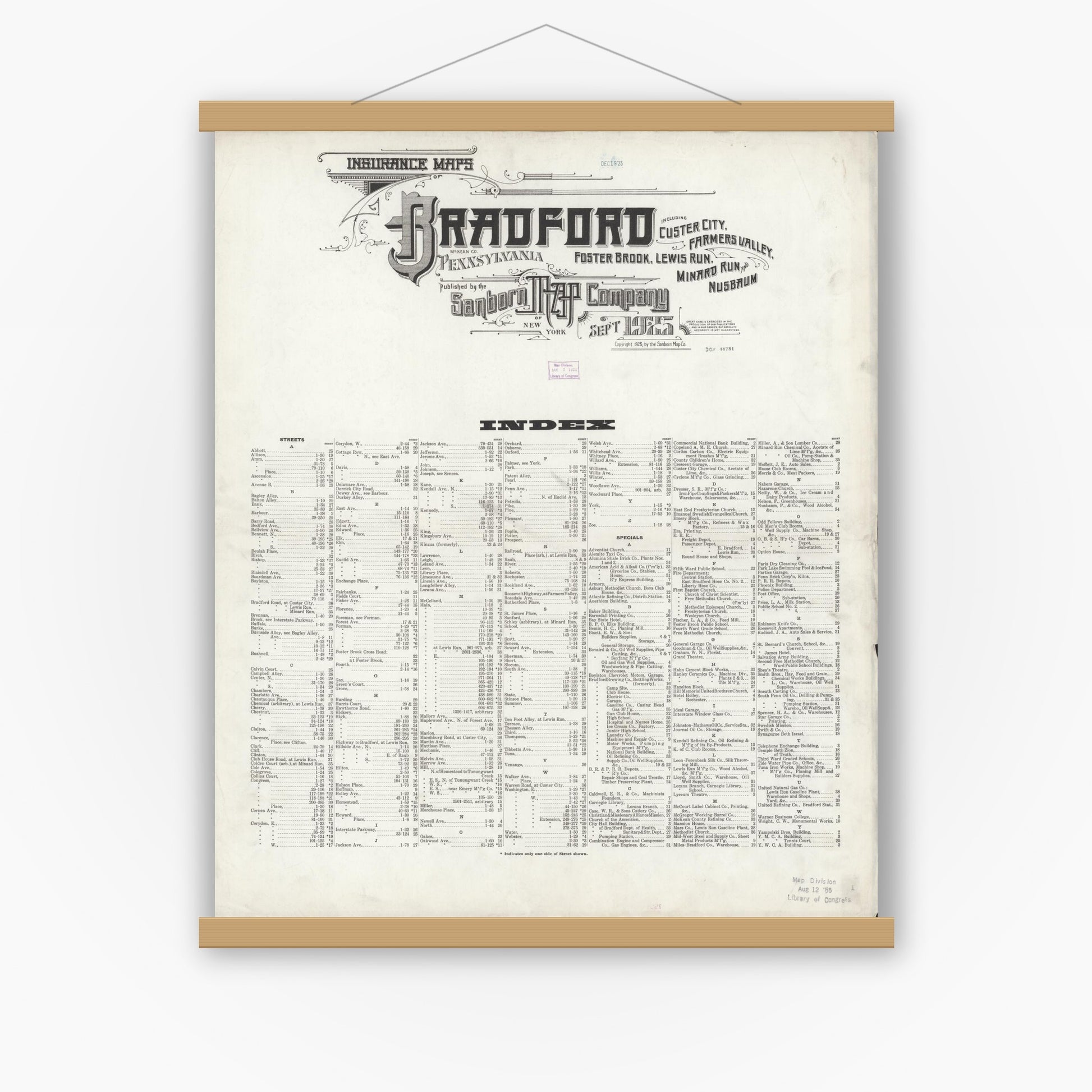 Old map wall art mockup — magnetic wood frame on white wall — Sanborn Fire Insurance Map from Bradford, McKean County, Pennsylvania (1925), Sheet #0001