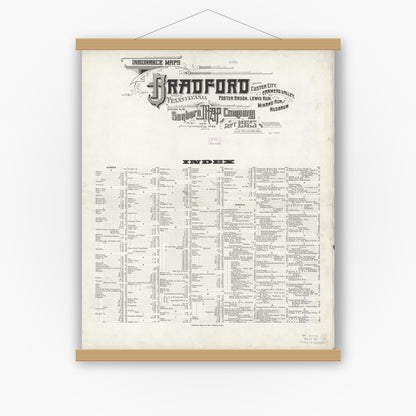 Old map wall art mockup — magnetic wood frame on white wall — Sanborn Fire Insurance Map from Bradford, McKean County, Pennsylvania (1925), Sheet #0001