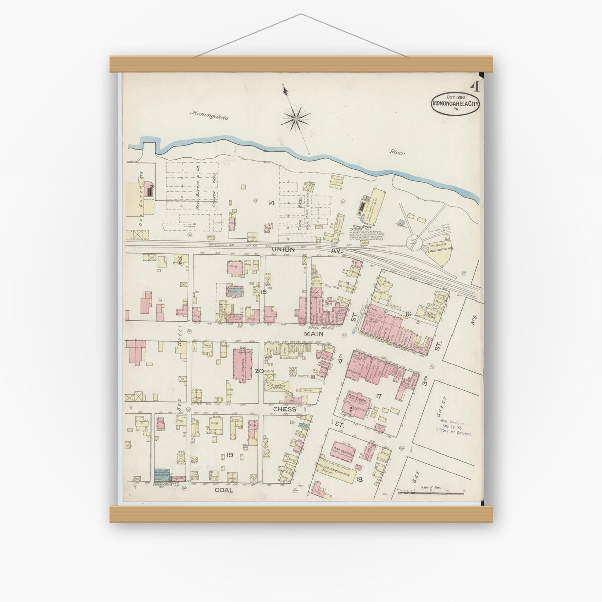 Old map wall art mockup — magnetic wood frame on white wall — Sanborn Fire Insurance Map from Monongahela City, Washington County, Pennsylvania (1886), Sheet #0004