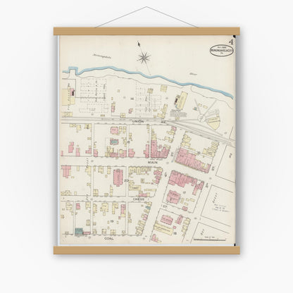 Old map wall art mockup — magnetic wood frame on white wall — Sanborn Fire Insurance Map from Monongahela City, Washington County, Pennsylvania (1886), Sheet #0004
