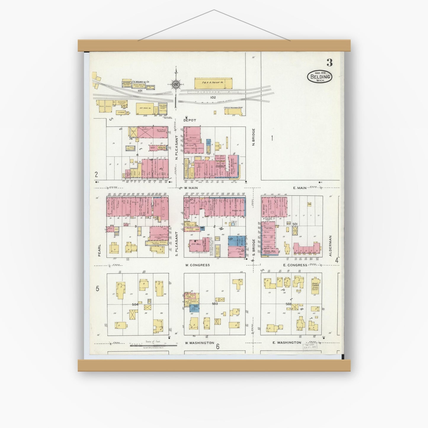 Old map wall art mockup — magnetic wood frame on white wall — Sanborn Fire Insurance Map from Belding, Ionia County, Michigan (1918), Sheet #0003