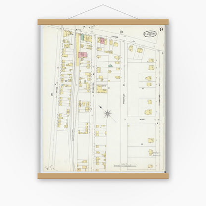 Old map wall art mockup — magnetic wood frame on white wall — Sanborn Fire Insurance Map from Flushing, Queens County, New York (1897), Sheet #0009