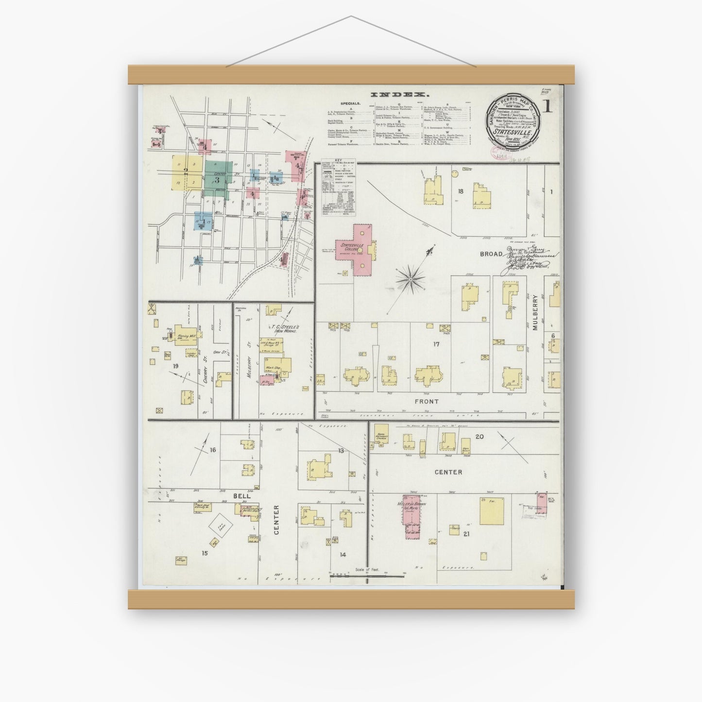Old map wall art mockup — magnetic wood frame on white wall — Sanborn Fire Insurance Map from Statesville, Iredell County, North Carolina (1895), Sheet #0001