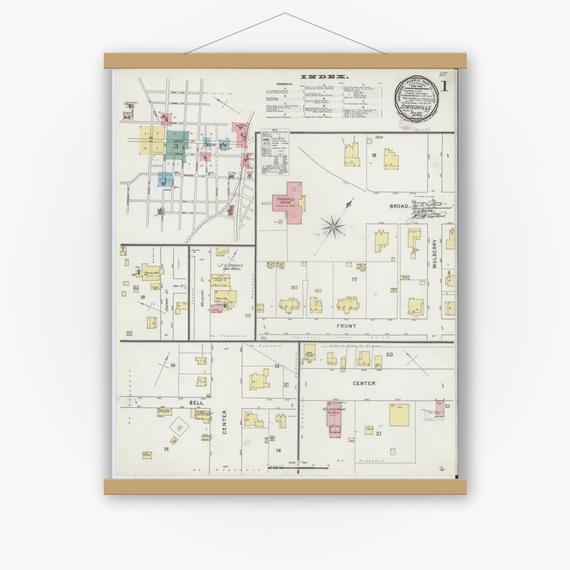 Old map wall art mockup — magnetic wood frame on white wall — Sanborn Fire Insurance Map from Statesville, Iredell County, North Carolina (1895), Sheet #0001