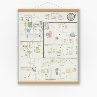 Old map wall art mockup — magnetic wood frame on white wall — Sanborn Fire Insurance Map from Statesville, Iredell County, North Carolina (1895), Sheet #0001