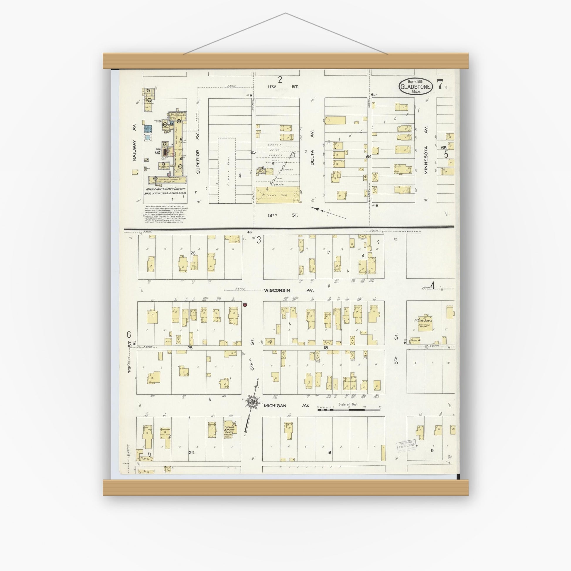Old map wall art mockup — magnetic wood frame on white wall — Sanborn Fire Insurance Map from Gladstone, Delta County, Michigan (1913), Sheet #0007