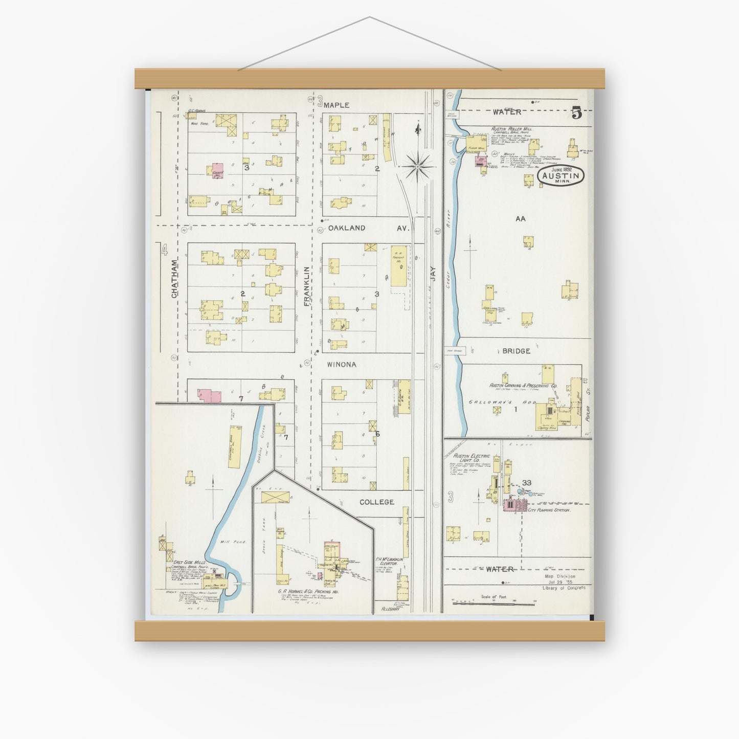 Old map wall art mockup — magnetic wood frame on white wall — Sanborn Fire Insurance Map from Austin, Mower County, Minnesota (1892), Sheet #0005
