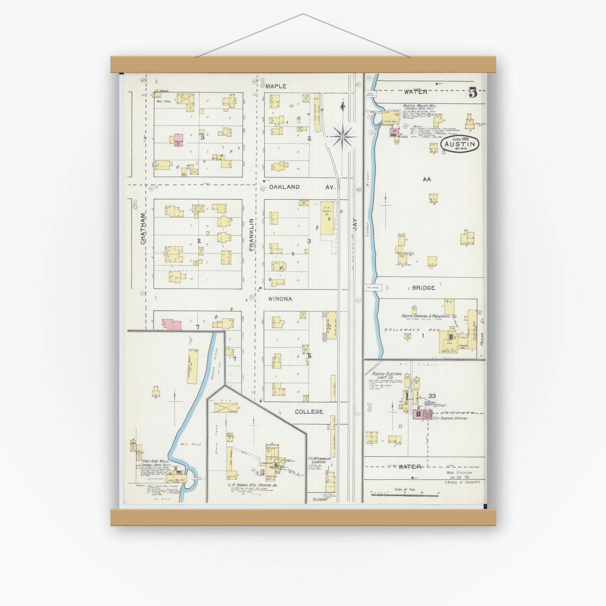 Old map wall art mockup — magnetic wood frame on white wall — Sanborn Fire Insurance Map from Austin, Mower County, Minnesota (1892), Sheet #0005