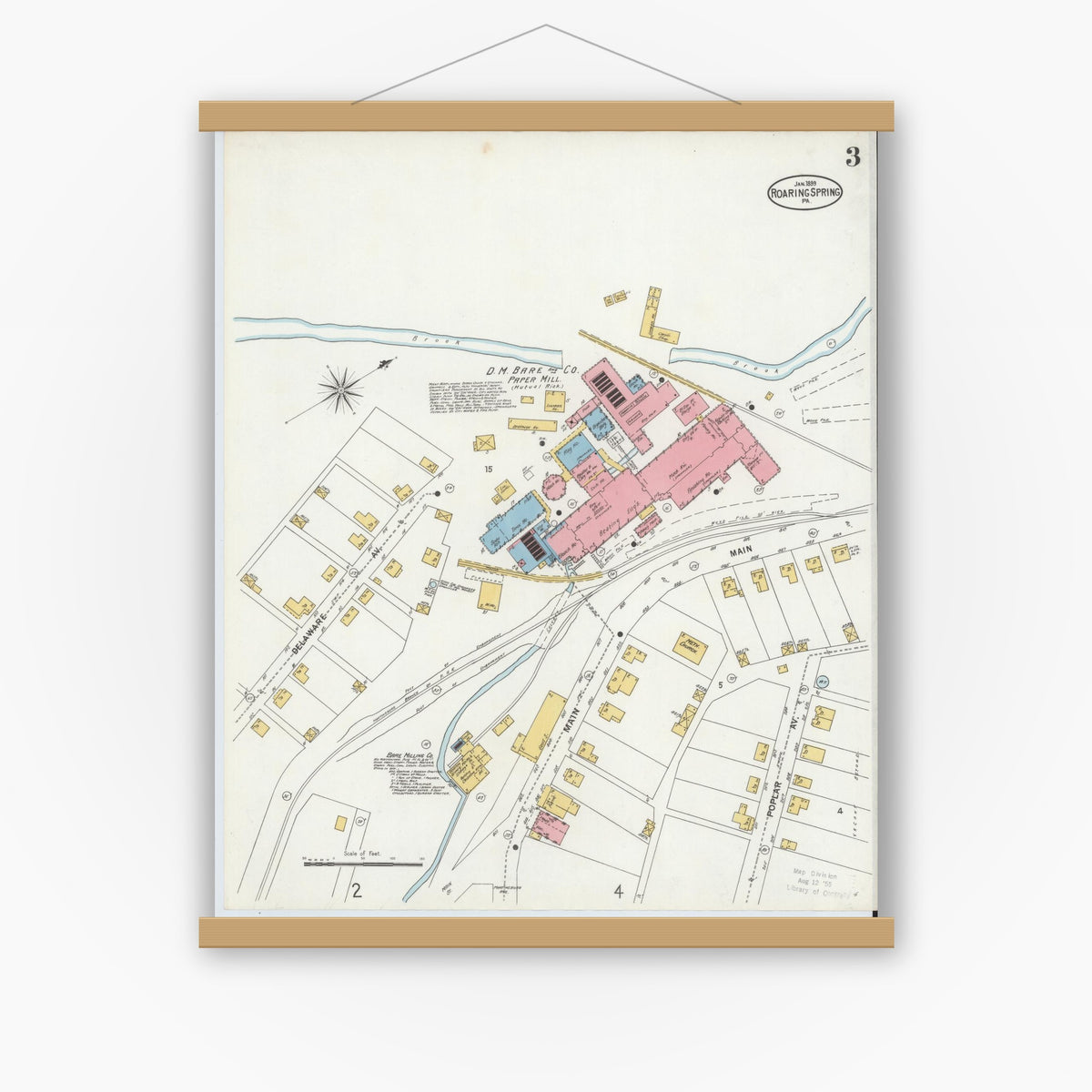 Old map wall art mockup — magnetic wood frame on white wall — Sanborn Fire Insurance Map from Roaring Spring, Blair County, Pennsylvania (1899), Sheet #0003