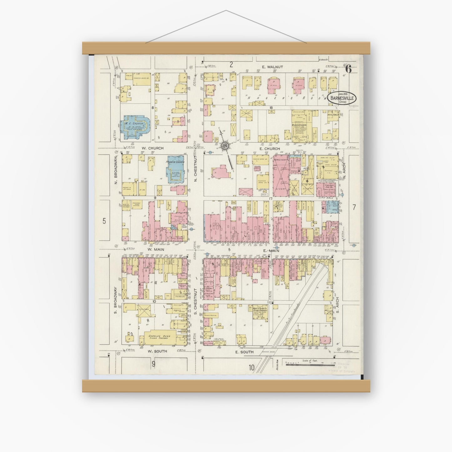 Old map wall art mockup — magnetic wood frame on white wall — Sanborn Fire Insurance Map from Barnesville, Belmont County, Ohio (1915), Sheet #0006