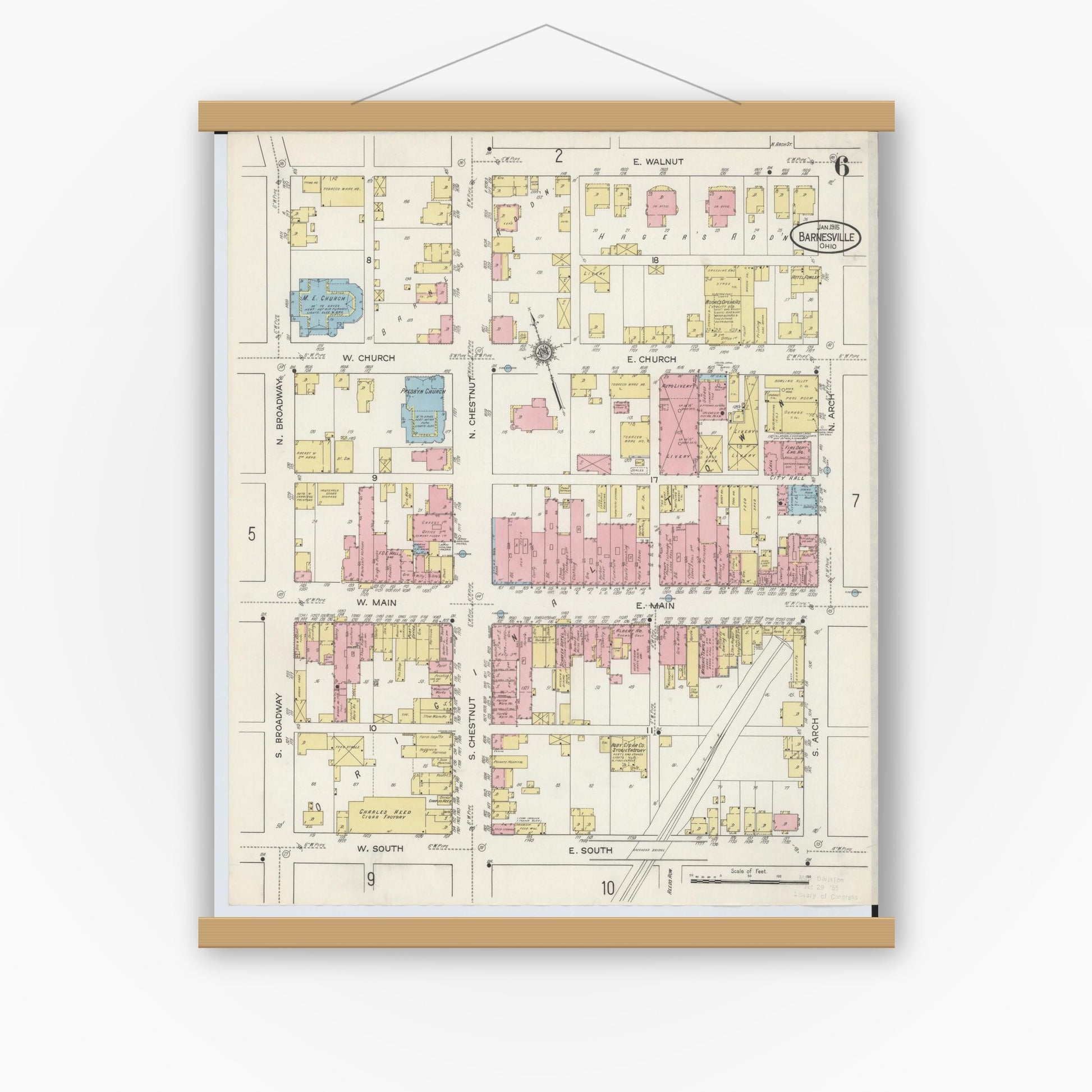 Old map wall art mockup — magnetic wood frame on white wall — Sanborn Fire Insurance Map from Barnesville, Belmont County, Ohio (1915), Sheet #0006