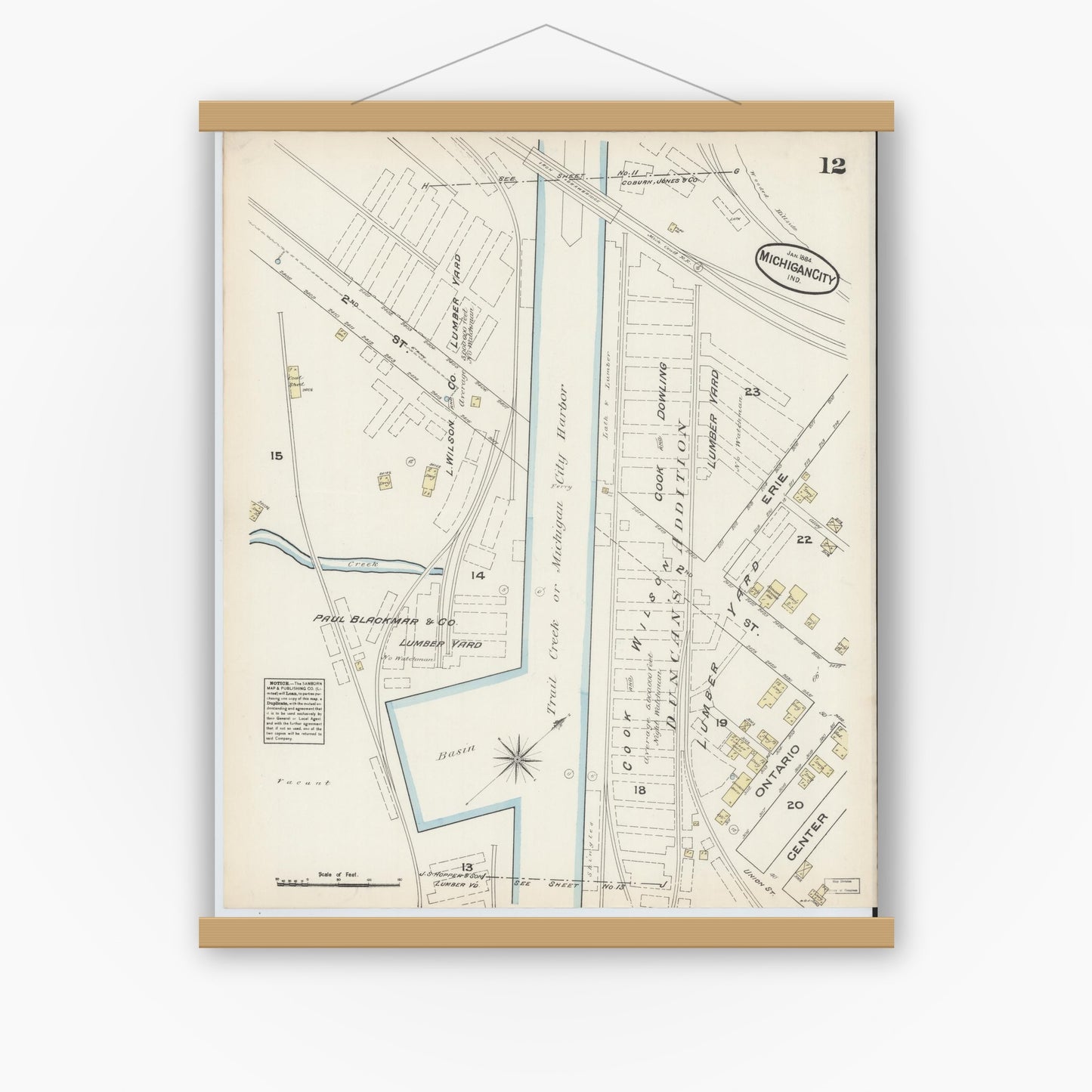 Old map wall art mockup — magnetic wood frame on white wall — Sanborn Fire Insurance Map from Michigan City, La Porte  County, Indiana (1884), Sheet #0012