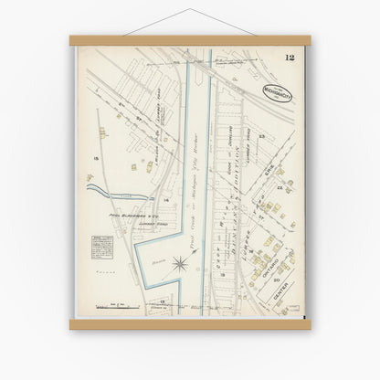 Old map wall art mockup — magnetic wood frame on white wall — Sanborn Fire Insurance Map from Michigan City, La Porte  County, Indiana (1884), Sheet #0012