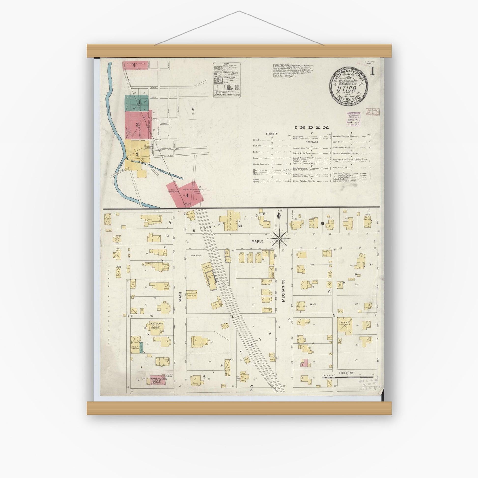 Old map wall art mockup — magnetic wood frame on white wall — Sanborn Fire Insurance Map from Utica, Licking County, Ohio (1907), Sheet #0001
