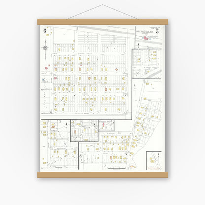 Old map wall art mockup — magnetic wood frame on white wall — Sanborn Fire Insurance Map from Chesterton, Porter County, Indiana (1935), Sheet #0005