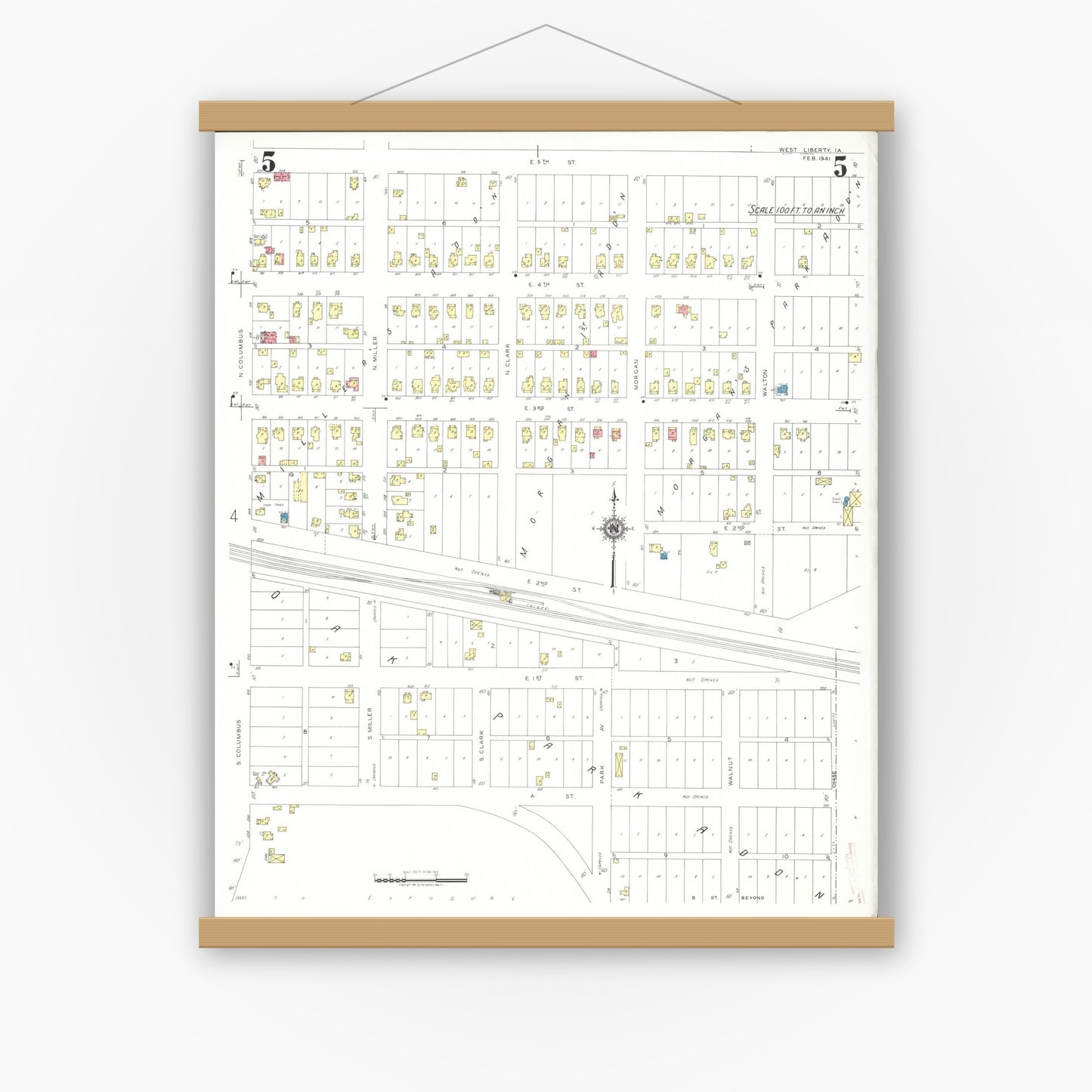 Old map wall art mockup — magnetic wood frame on white wall — Sanborn Fire Insurance Map from West Liberty, Muscatine County, Iowa (1941), Sheet #0005