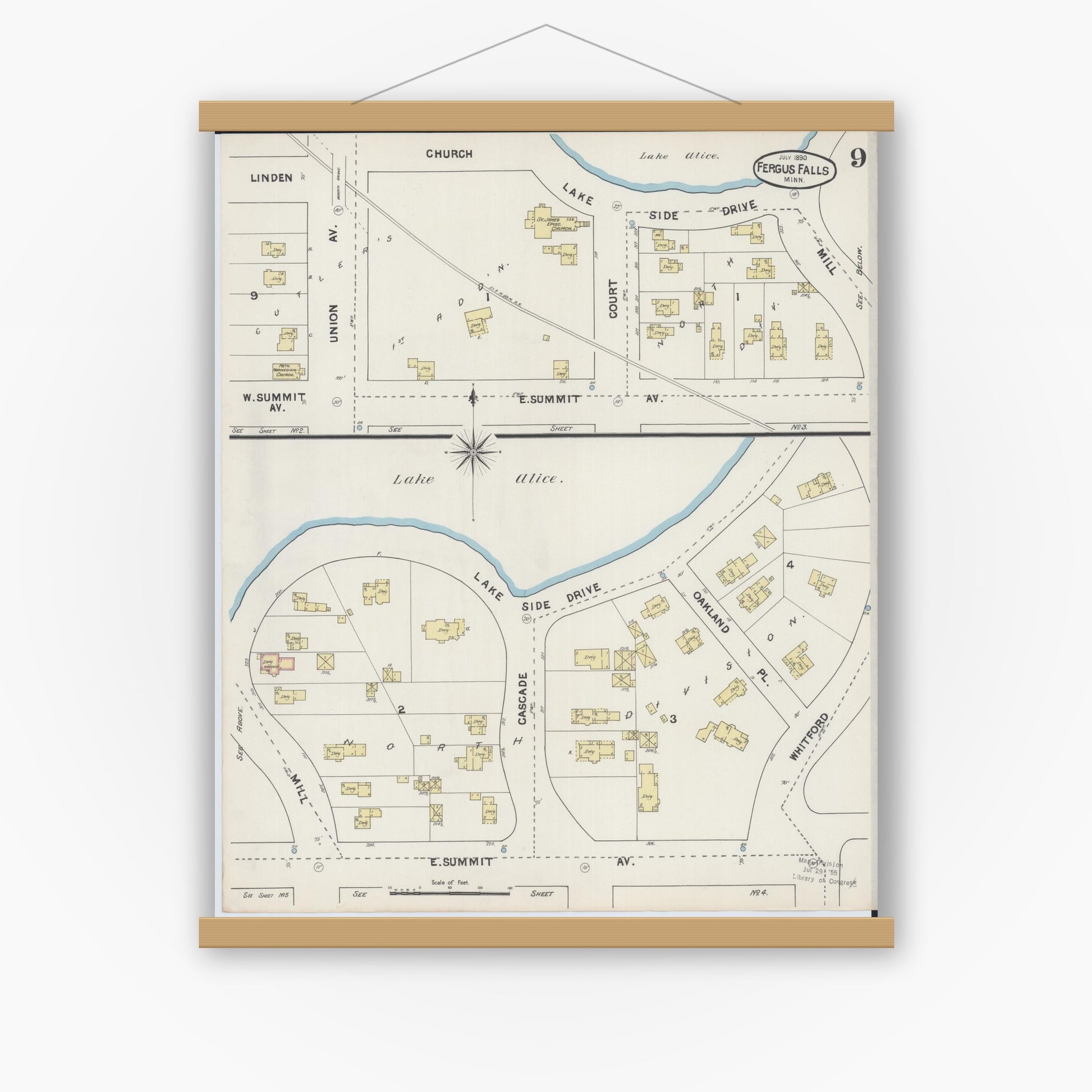 Old map wall art mockup — magnetic wood frame on white wall — Sanborn Fire Insurance Map from Fergus Falls, Otter Tail County, Minnesota (1890), Sheet #0009