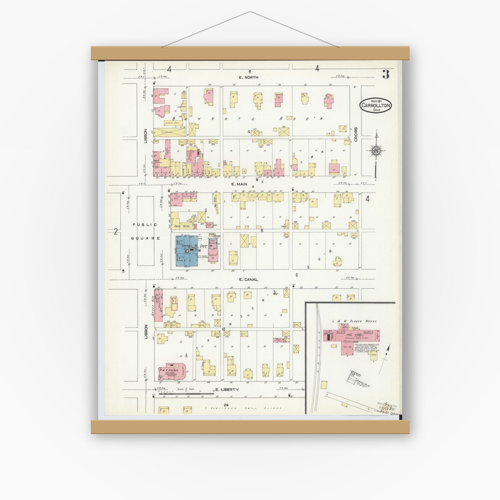 Old map wall art mockup — magnetic wood frame on white wall — Sanborn Fire Insurance Map from Carrollton, Carroll County, Ohio (1911), Sheet #0003