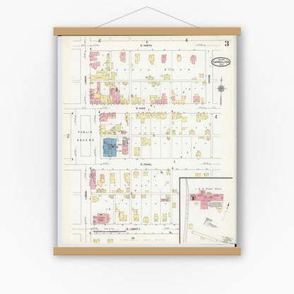 Old map wall art mockup — magnetic wood frame on white wall — Sanborn Fire Insurance Map from Carrollton, Carroll County, Ohio (1911), Sheet #0003