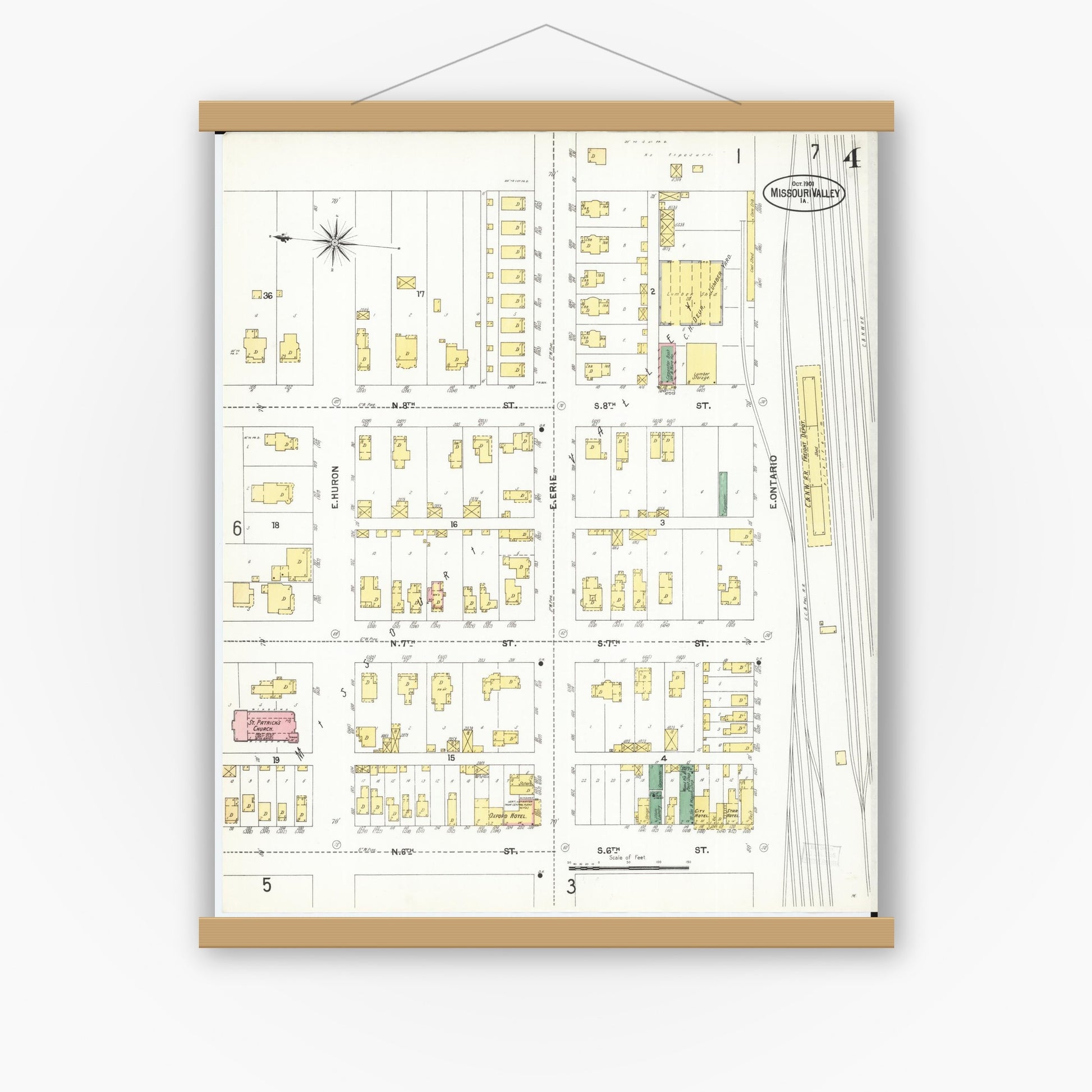 Old map wall art mockup — magnetic wood frame on white wall — Sanborn Fire Insurance Map from Missouri Valley, Harrison County, Iowa (1901), Sheet #0004