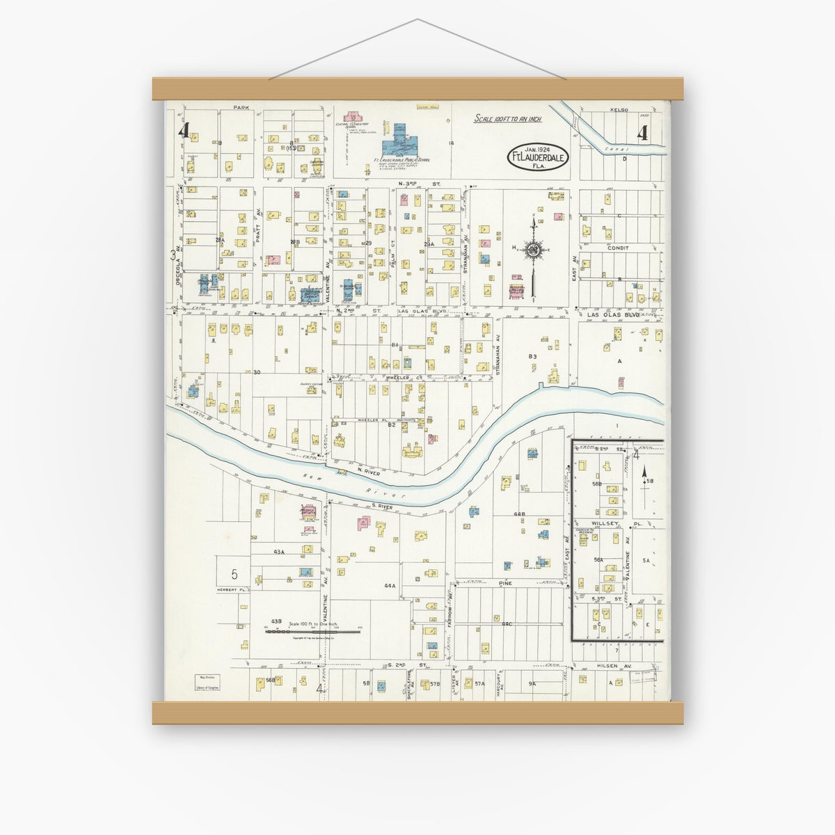 Old map wall art mockup — magnetic wood frame on white wall — Sanborn Fire Insurance Map from Fort Lauderdale, Broward County, Florida (1924), Sheet #0004