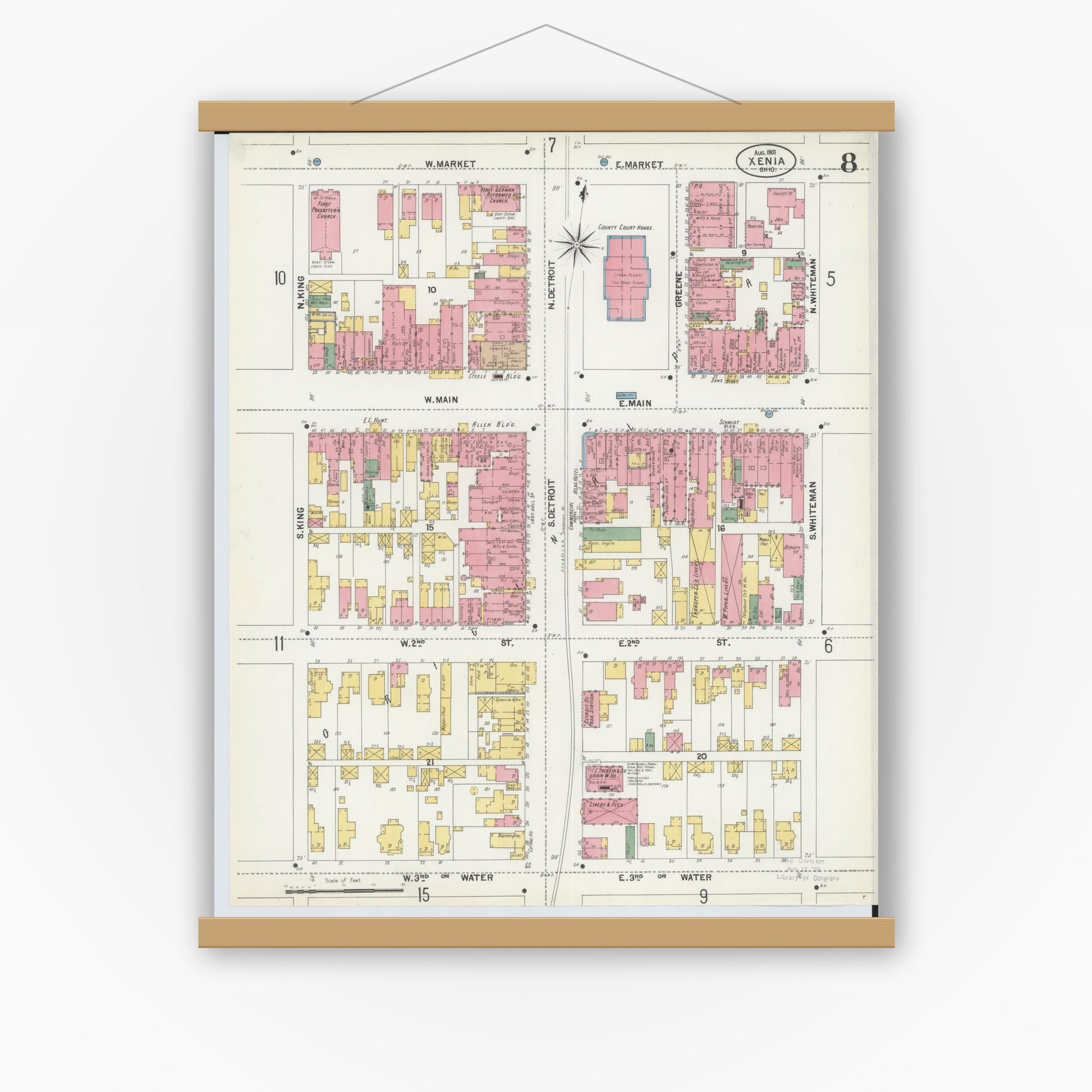 Old map wall art mockup — magnetic wood frame on white wall — Sanborn Fire Insurance Map from Xenia, Greene County, Ohio (1901), Sheet #0008