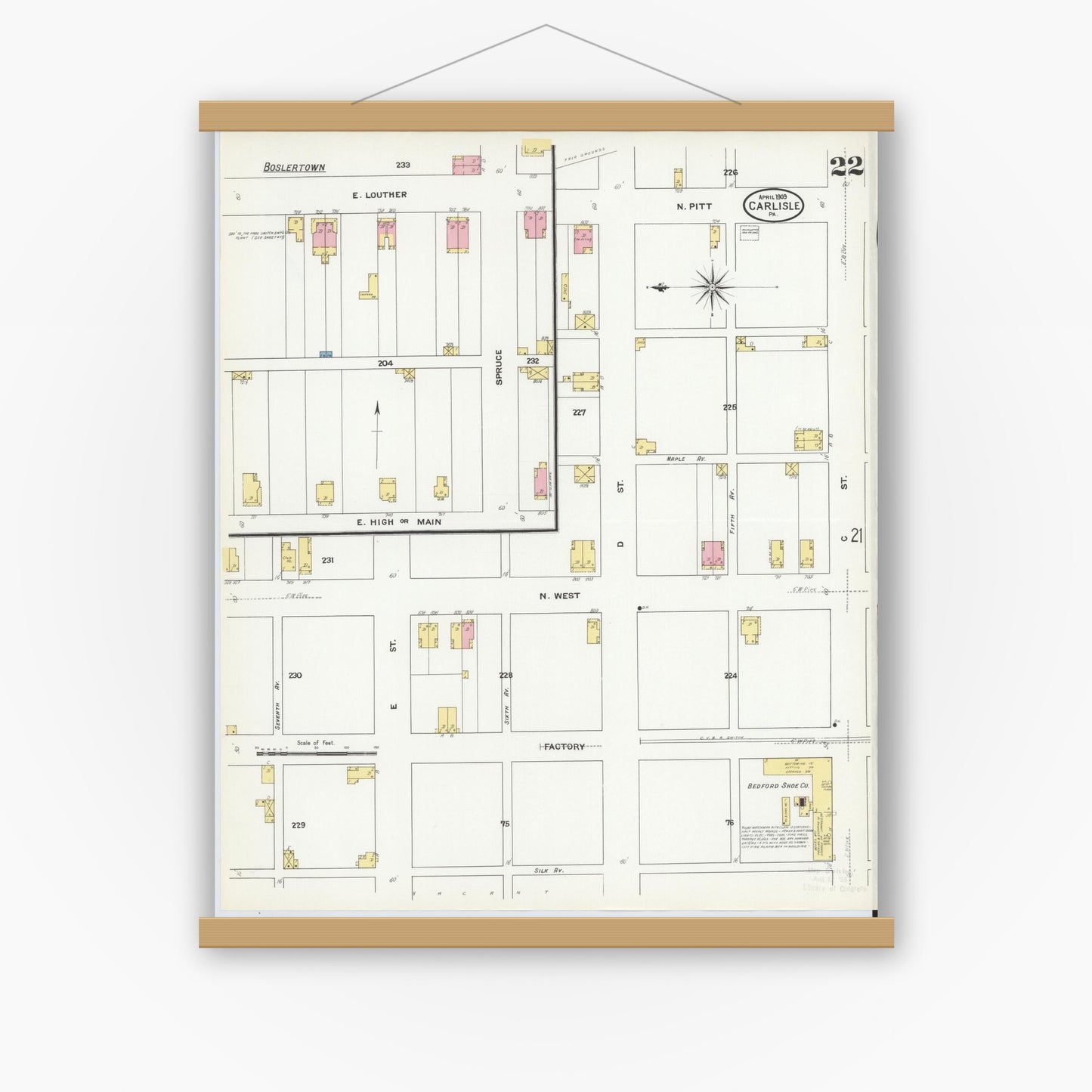 Old map wall art mockup — magnetic wood frame on white wall — Sanborn Fire Insurance Map from Carlisle, Cumberland County, Pennsylvania (1909), Sheet #0022