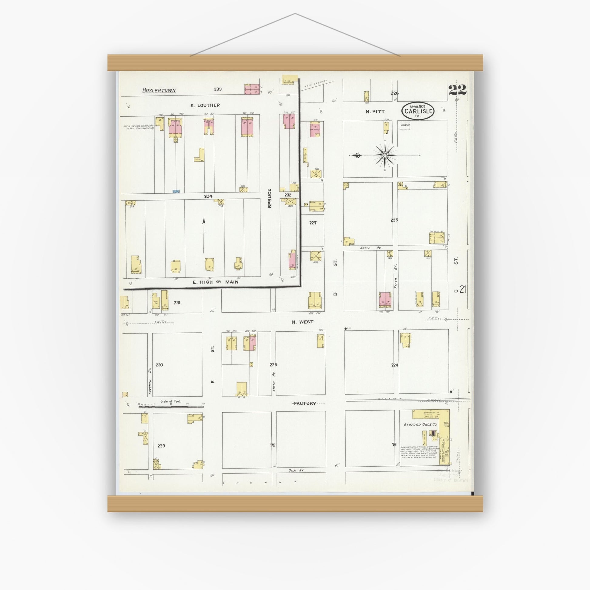 Old map wall art mockup — magnetic wood frame on white wall — Sanborn Fire Insurance Map from Carlisle, Cumberland County, Pennsylvania (1909), Sheet #0022