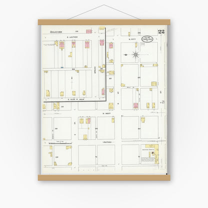 Old map wall art mockup — magnetic wood frame on white wall — Sanborn Fire Insurance Map from Carlisle, Cumberland County, Pennsylvania (1909), Sheet #0022