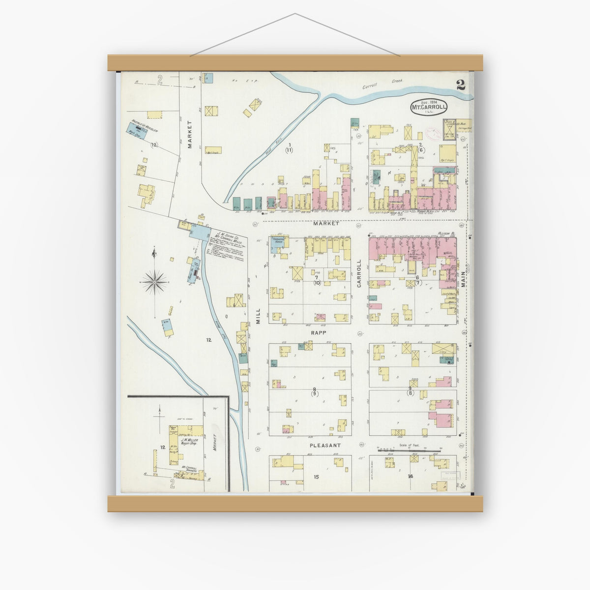 Old map wall art mockup — magnetic wood frame on white wall — Sanborn Fire Insurance Map from Mount Carroll, Carroll County, Illinois (1894), Sheet #0002