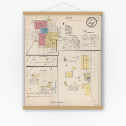 Old map wall art mockup — magnetic wood frame on white wall — Sanborn Fire Insurance Map from Rule, Haskell County, Texas (1922) - Complete Map Set