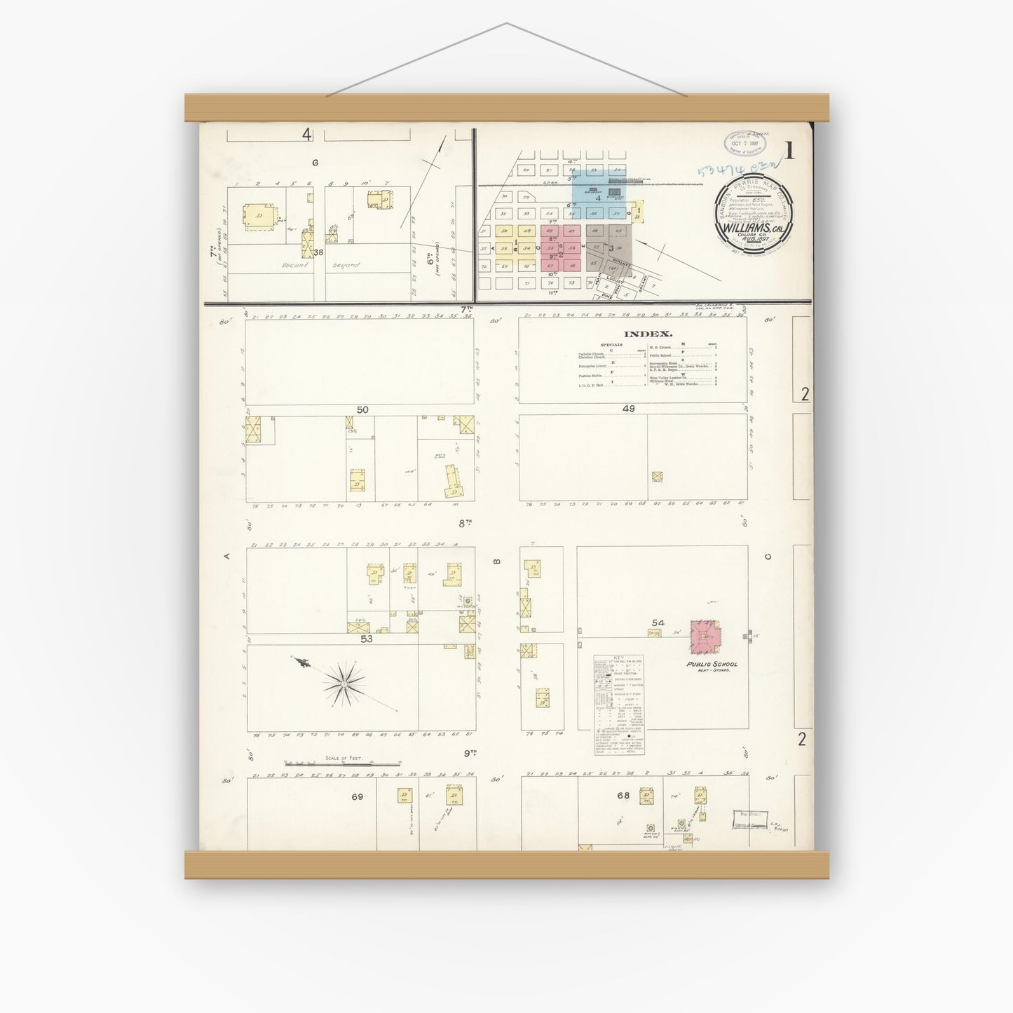 Old map wall art mockup — magnetic wood frame on white wall — Sanborn Fire Insurance Map from Williams, Colusa County, California (1897) - Complete Map Set