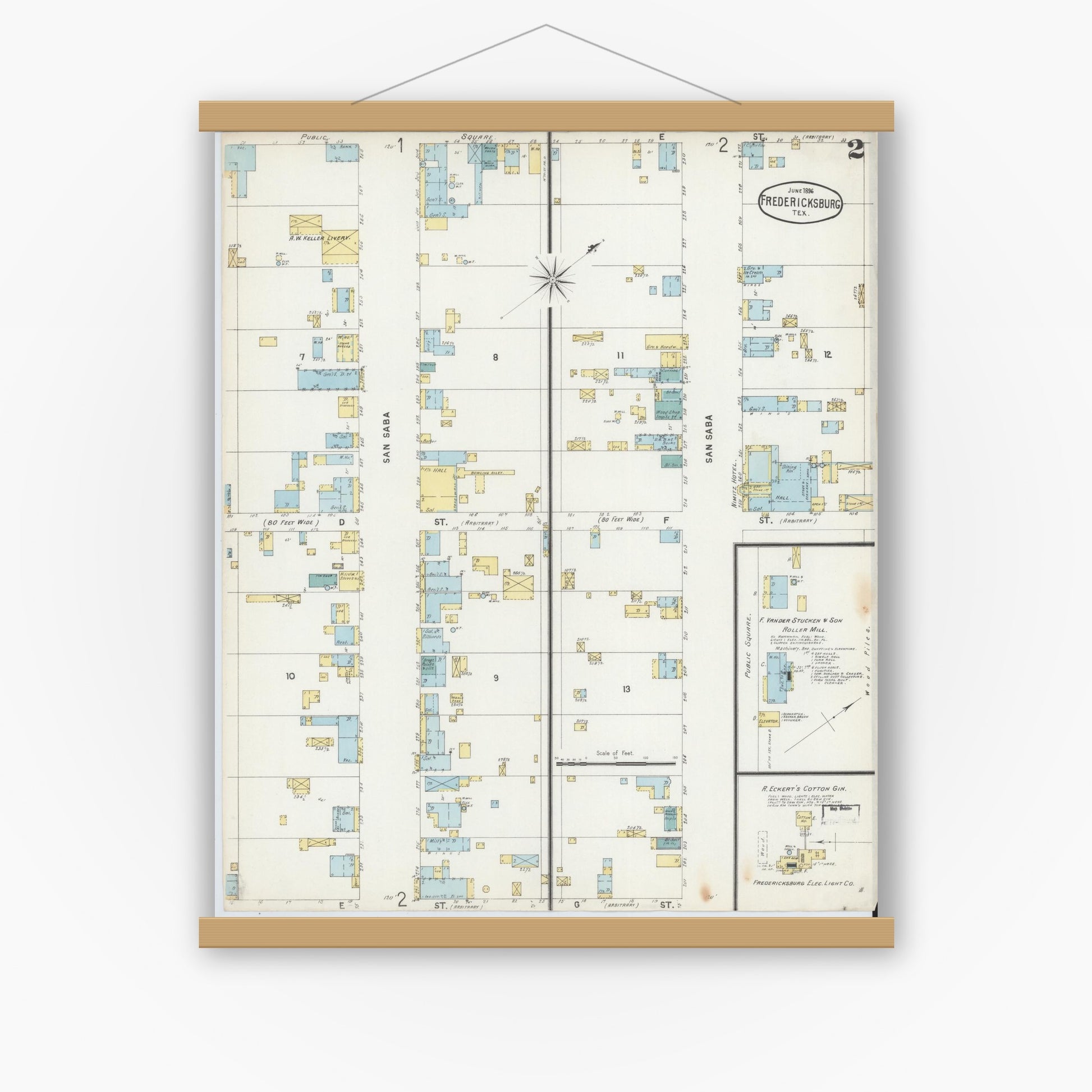 Old map wall art mockup — magnetic wood frame on white wall — Sanborn Fire Insurance Map from Fredericksburg, Gillespie County, Texas (1896), Sheet #0002