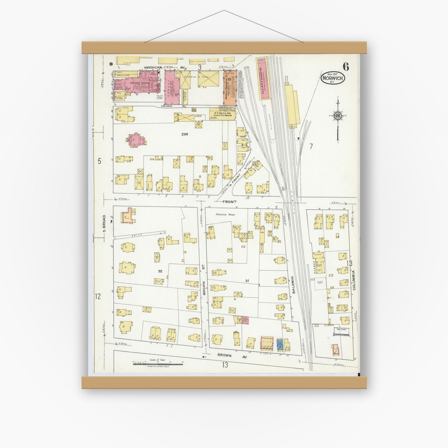 Old map wall art mockup — magnetic wood frame on white wall — Sanborn Fire Insurance Map from Norwich, Chenango County, New York (1917), Sheet #0006