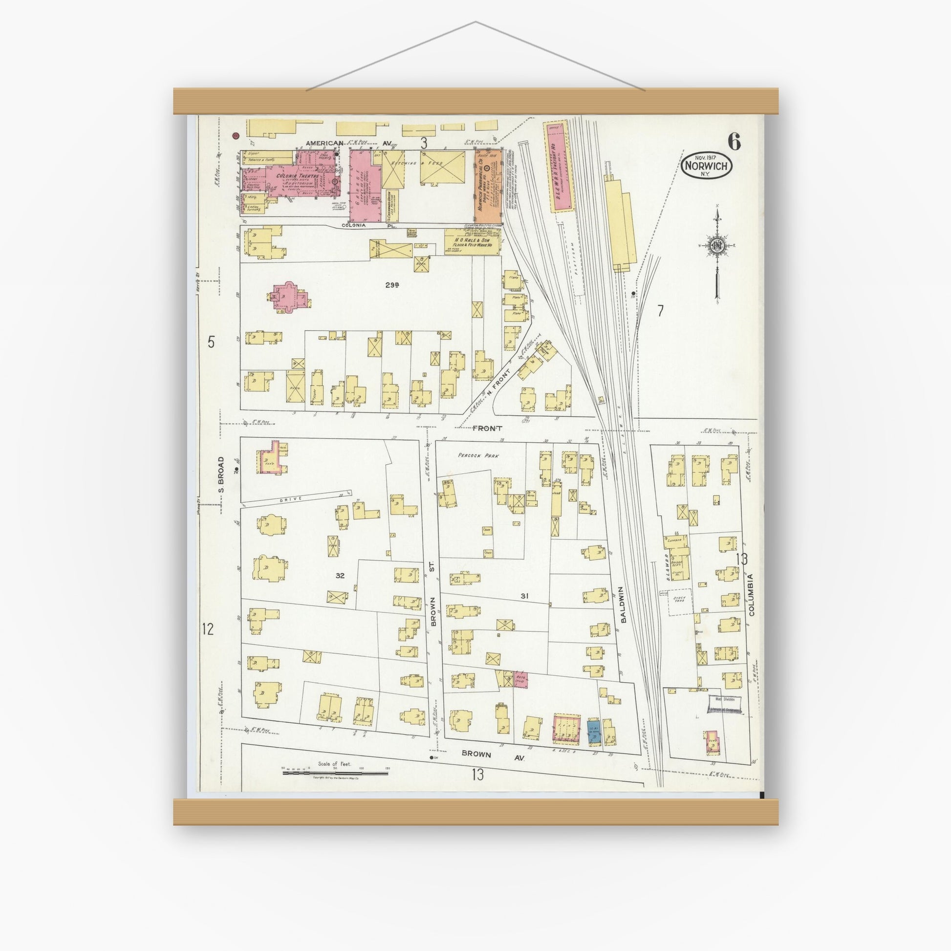 Old map wall art mockup — magnetic wood frame on white wall — Sanborn Fire Insurance Map from Norwich, Chenango County, New York (1917), Sheet #0006