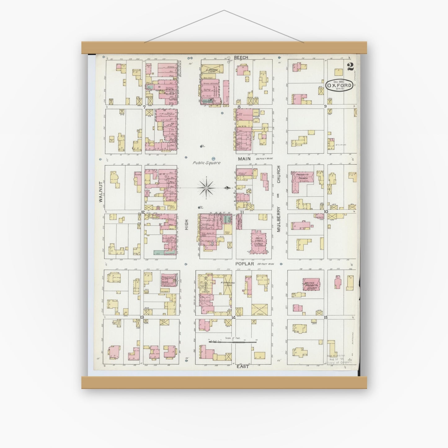 Old map wall art mockup — magnetic wood frame on white wall — Sanborn Fire Insurance Map from Oxford, Butler County, Ohio (1892), Sheet #0002