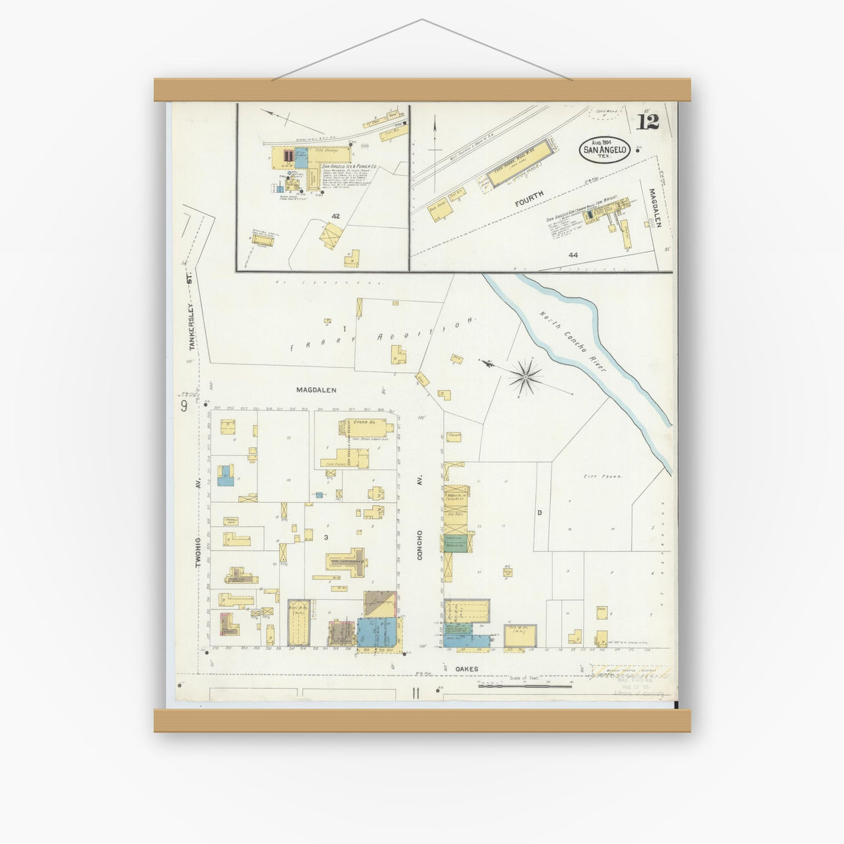 Old map wall art mockup — magnetic wood frame on white wall — Sanborn Fire Insurance Map from San Angelo, Tom Green County, Texas (1904), Sheet #0012