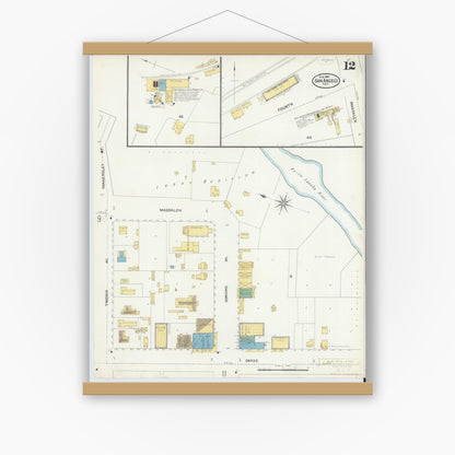 Old map wall art mockup — magnetic wood frame on white wall — Sanborn Fire Insurance Map from San Angelo, Tom Green County, Texas (1904), Sheet #0012