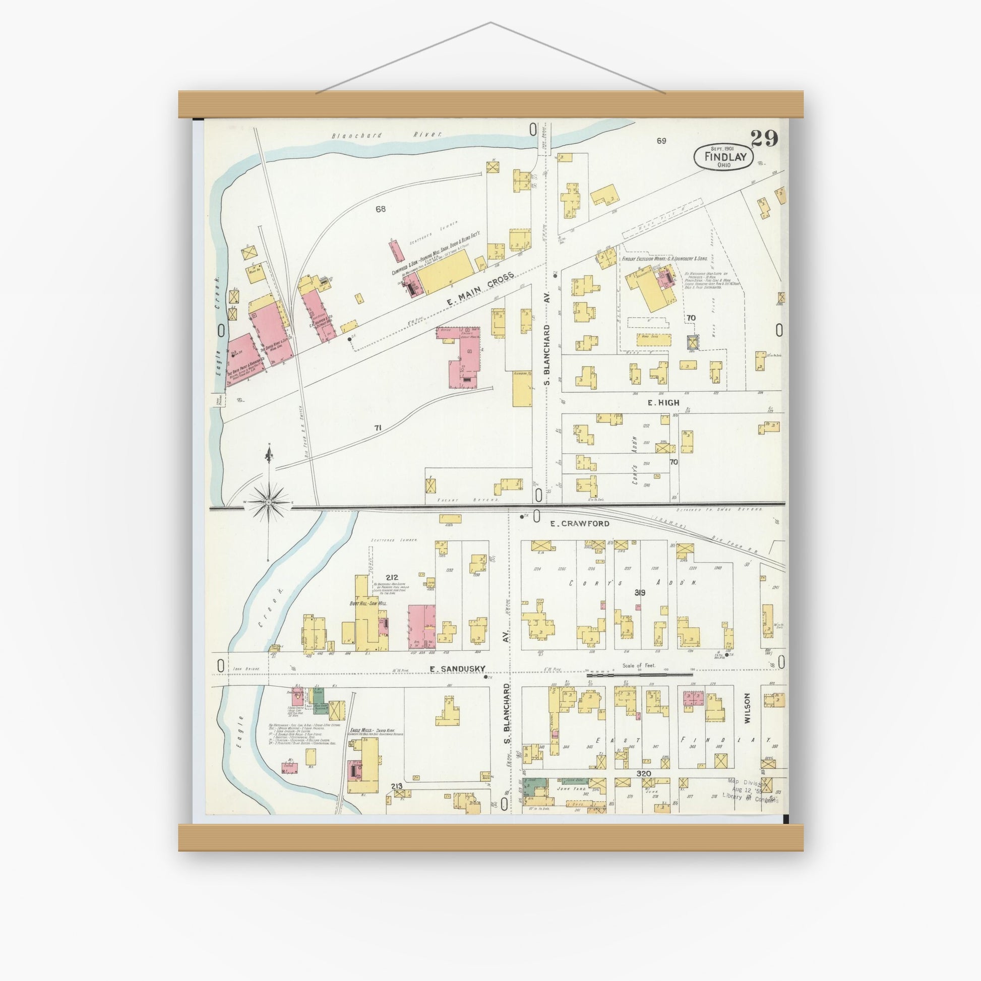 Old map wall art mockup — magnetic wood frame on white wall — Sanborn Fire Insurance Map from Findlay, Hancock County, Ohio (1901), Sheet #0029