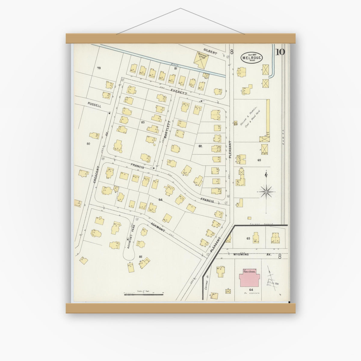 Old map wall art mockup — magnetic wood frame on white wall — Sanborn Fire Insurance Map from Melrose, Middlesex County, Massachusetts (1897), Sheet #0010