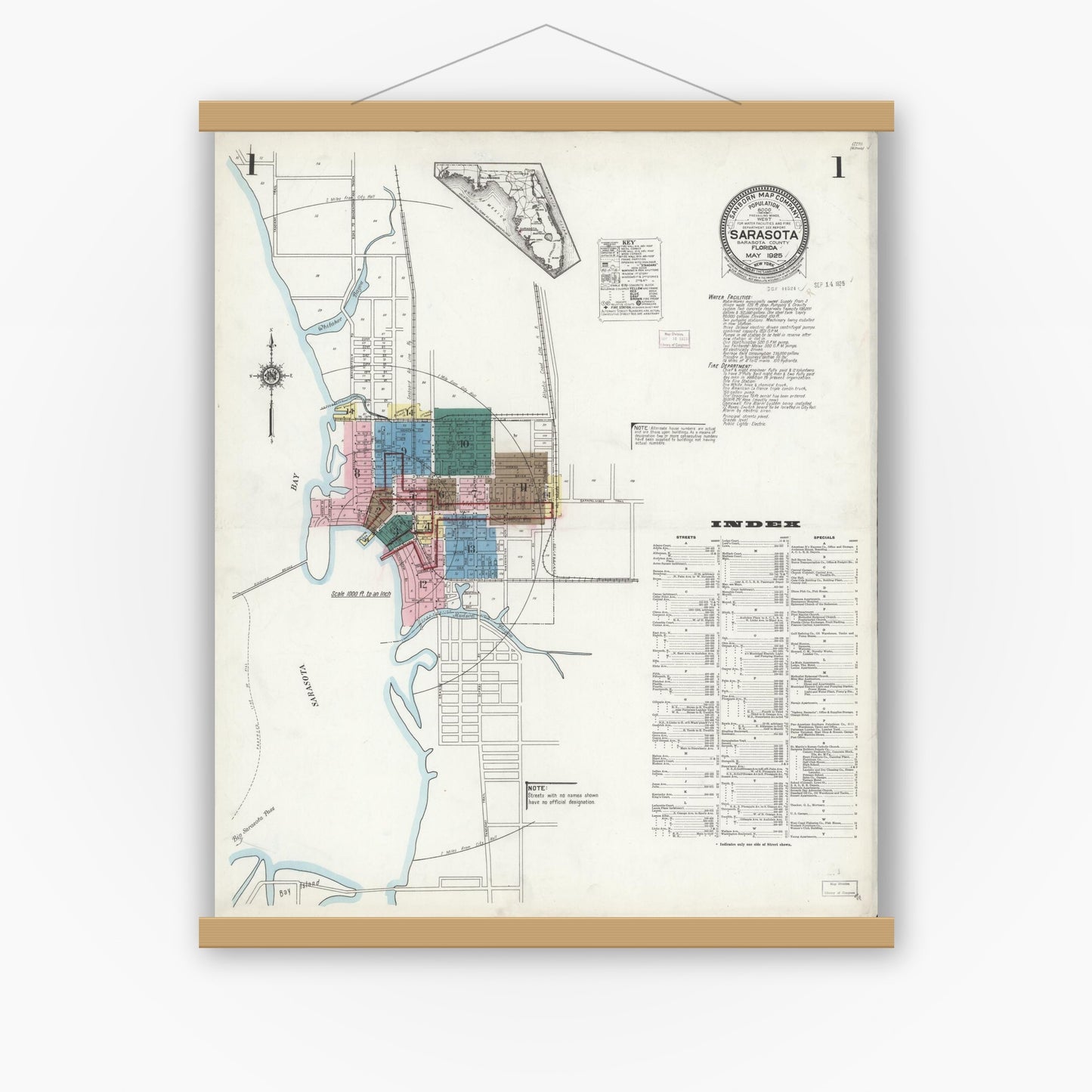 Old map wall art mockup — magnetic wood frame on white wall — Sanborn Fire Insurance Map from Sarasota, Sarasota County, Florida (1925), Sheet #0001