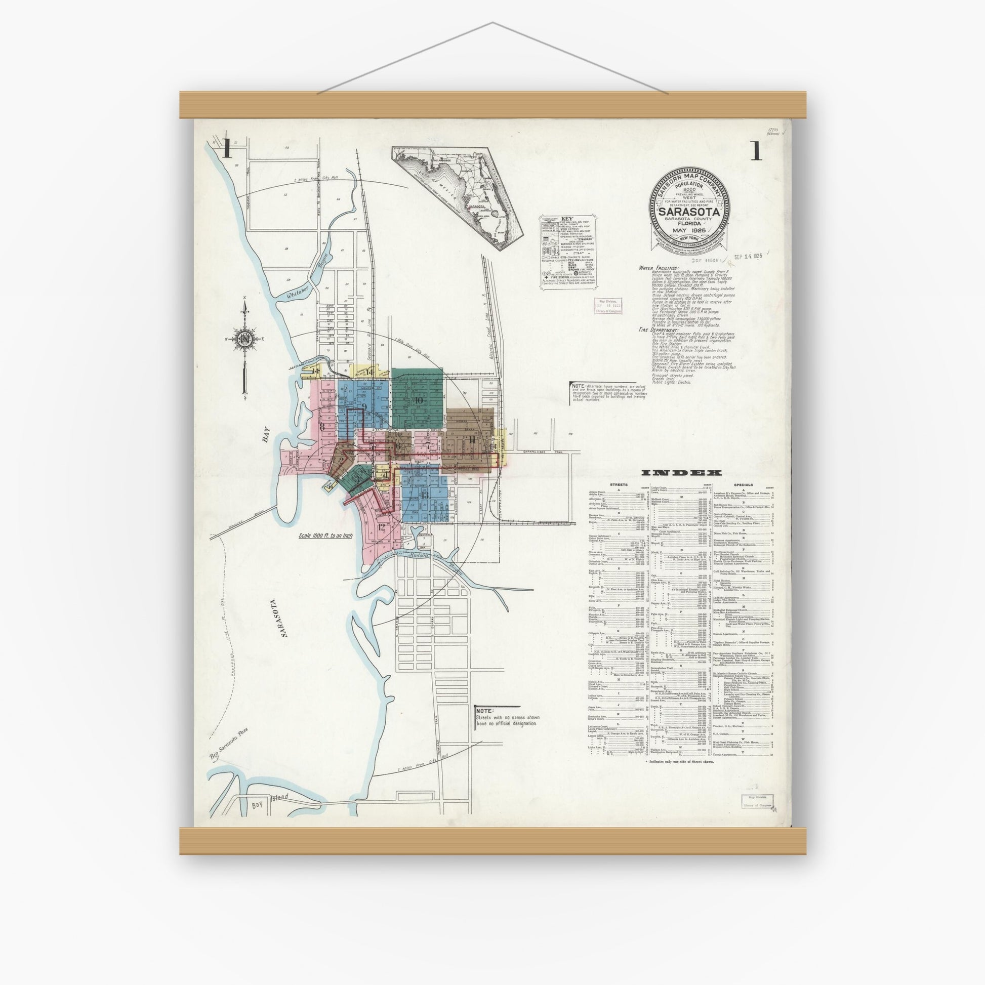 Old map wall art mockup — magnetic wood frame on white wall — Sanborn Fire Insurance Map from Sarasota, Sarasota County, Florida (1925), Sheet #0001
