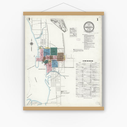 Old map wall art mockup — magnetic wood frame on white wall — Sanborn Fire Insurance Map from Sarasota, Sarasota County, Florida (1925), Sheet #0001