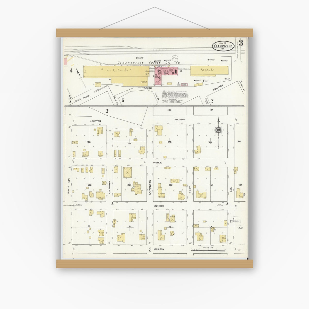 Old map wall art mockup — magnetic wood frame on white wall — Sanborn Fire Insurance Map from Clarksville, Red River County, Texas (1911), Sheet #0003