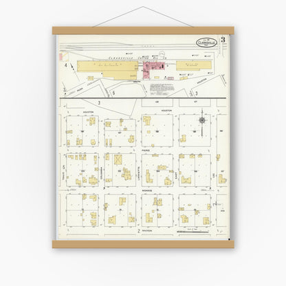 Old map wall art mockup — magnetic wood frame on white wall — Sanborn Fire Insurance Map from Clarksville, Red River County, Texas (1911), Sheet #0003