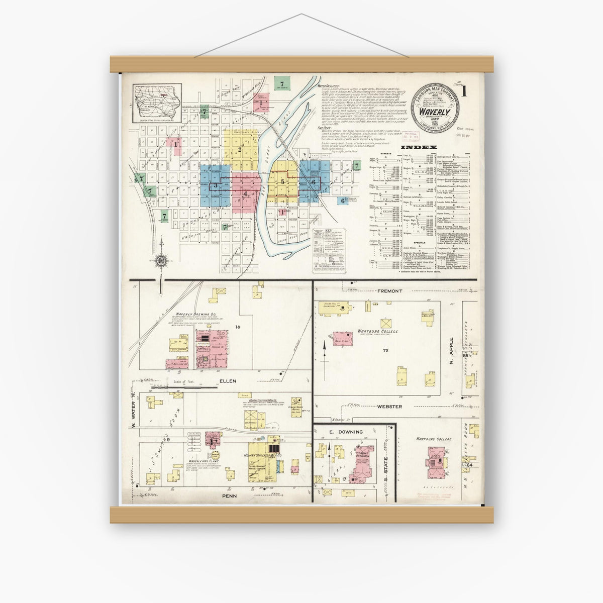 Old map wall art mockup — magnetic wood frame on white wall — Sanborn Fire Insurance Map from Waverly, Bremer County, Iowa (1915), Sheet #0001
