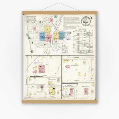 Old map wall art mockup — magnetic wood frame on white wall — Sanborn Fire Insurance Map from Waverly, Bremer County, Iowa (1915), Sheet #0001